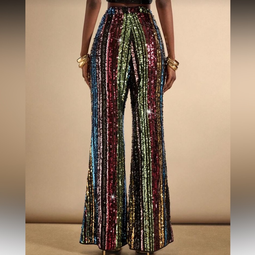 Women's Colorful Striped Sequin Straight Loose Pants Sequin Jumpsuit Sequin Pant - Picture 2 of 4